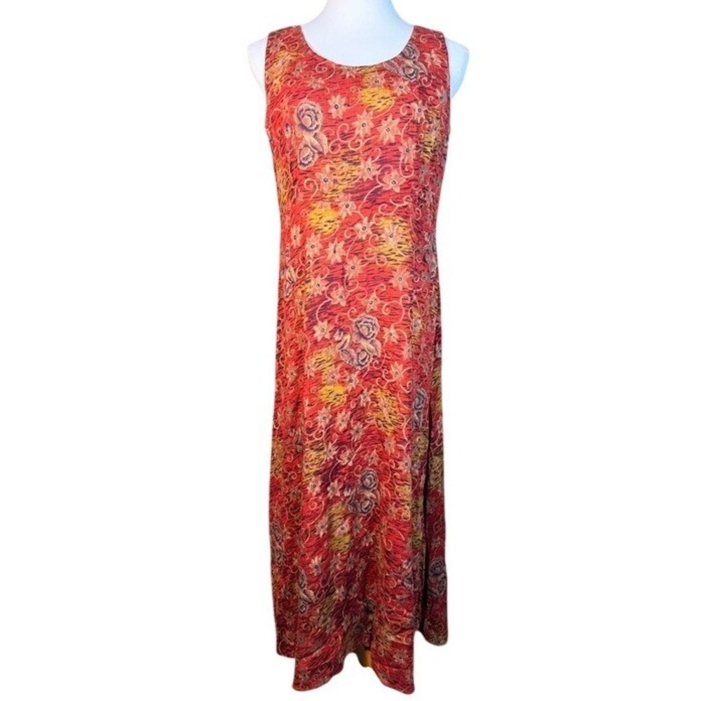 Karin Stevens Vintage Red Floral Rayon Maxi Dress Womens Size 6 Sleeveless Boho